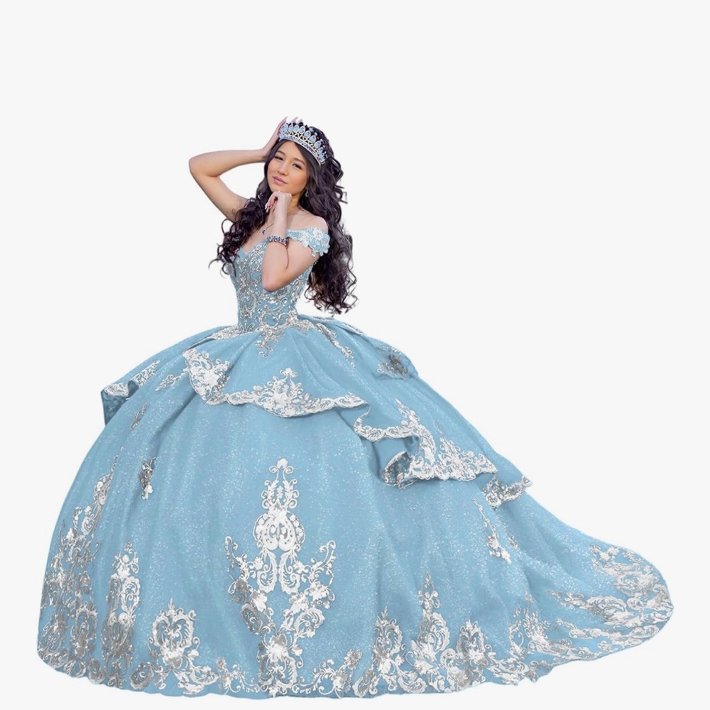 QUINCEANERA Cinderella Elegant Lace Trimmed Baby Blue Ballgown